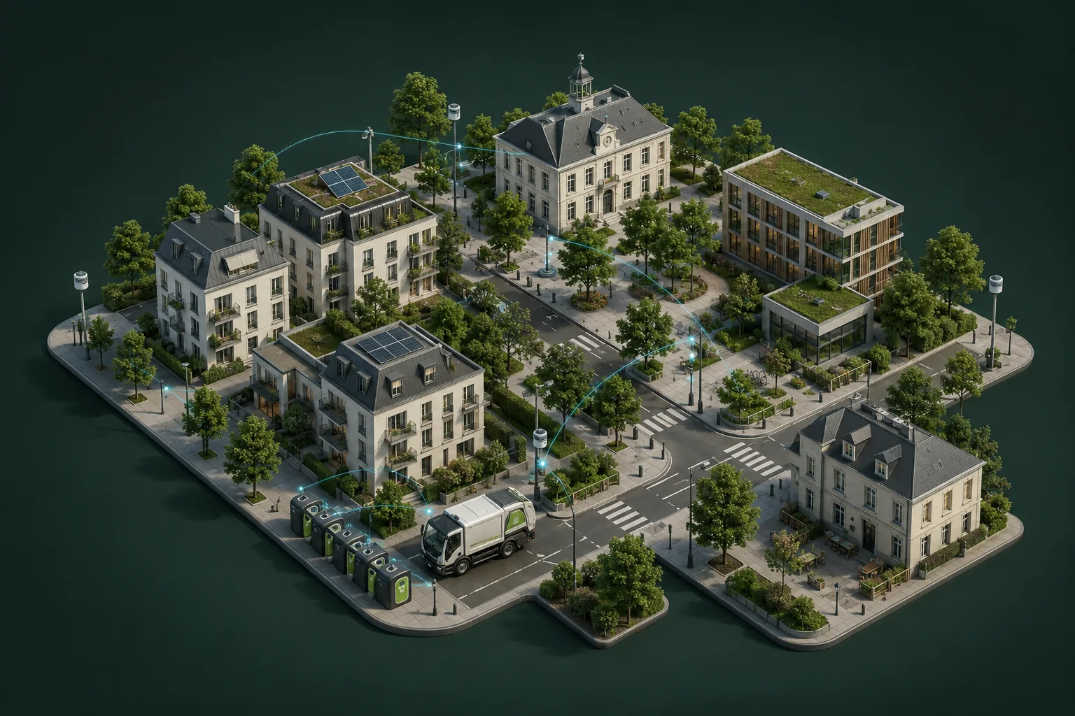 Quartiere urbano con sensori ambientali e servizi di raccolta connessi